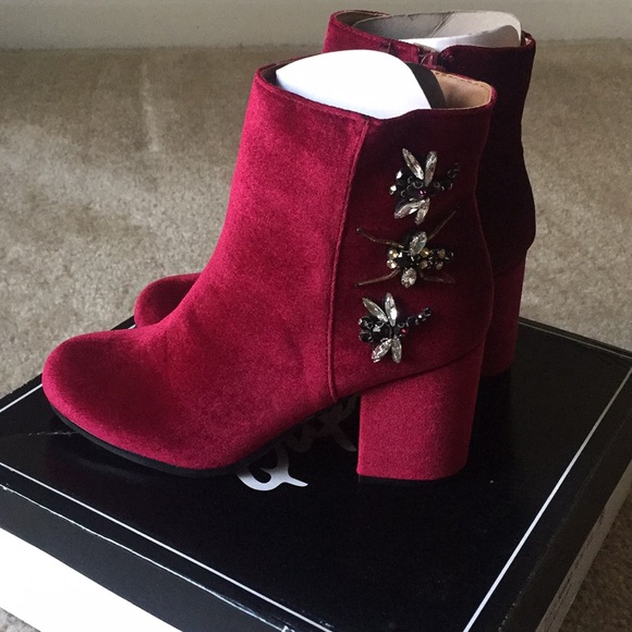 Qupid Shoes - Burgundy Red Velvet Booties with Bug Embelishment